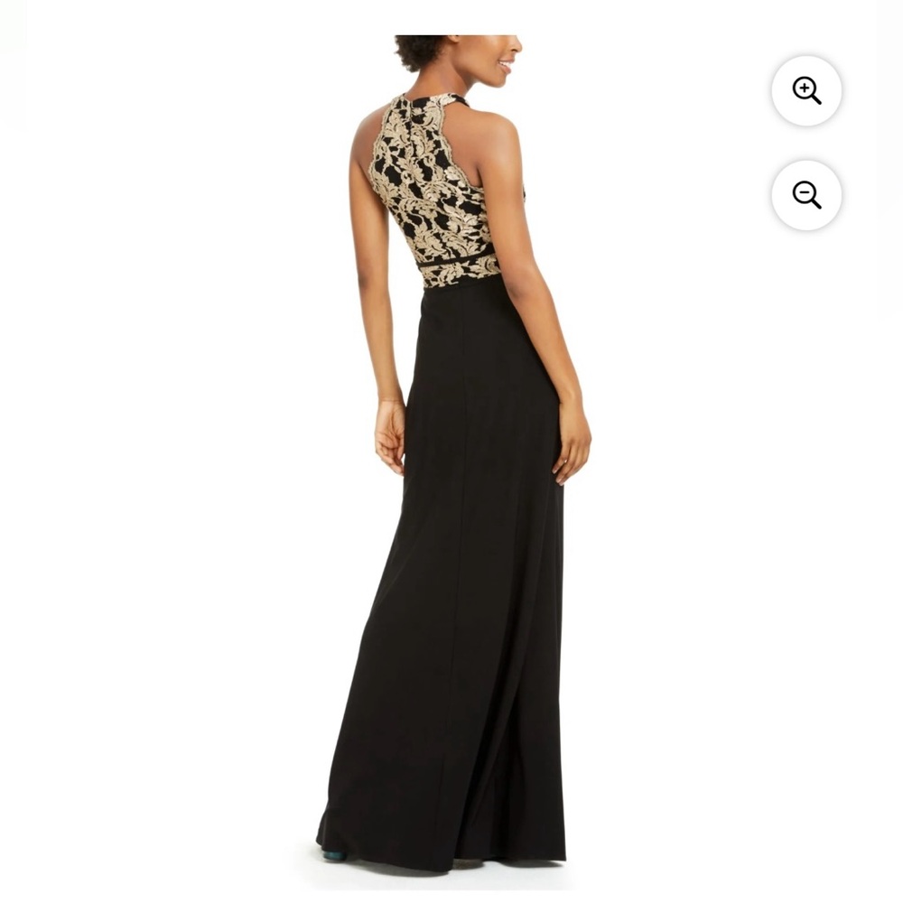 Morgan & Co Womens Juniors high neck black gold glitter lace prom dress size 5/6 - Picture 2 of 8